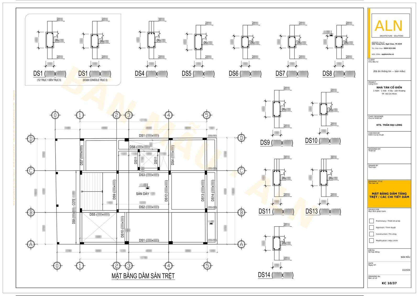 Mặt bằng dầm tầng trệt và chi tiết dầm, tờ KC 10