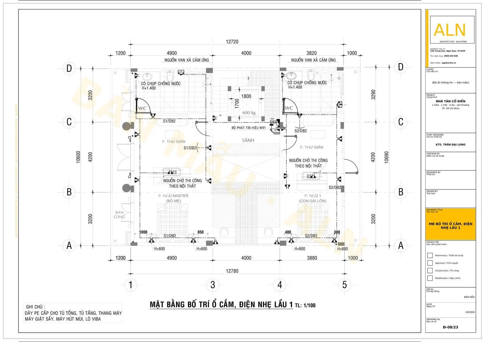 Mặt bằng bố trí ổ cắm và điện nhẹ lầu 1, tờ Đ-08